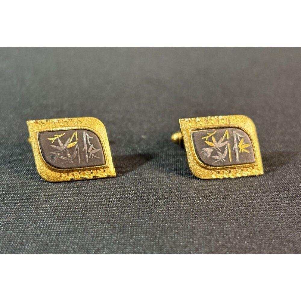 Vintage Amita Japan Damascene Bamboo Leaf Gold Cufflinks Kyoto Zogan Botanical